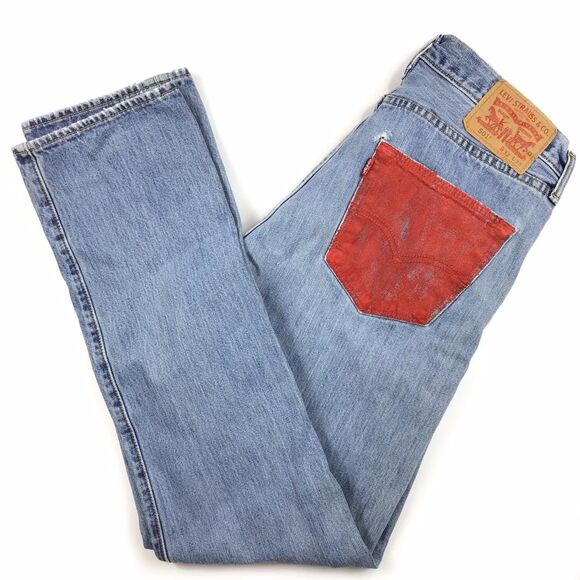 Levi's 501 32 x 34 embellished red pockets faded boho distressed festival button - Picture 2 of 4